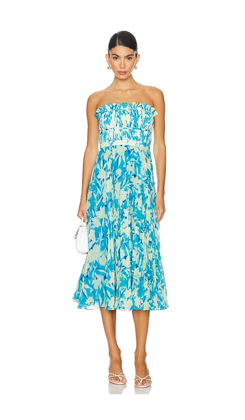 Shop Amur Scottie Strapless Midi Dress In True Blue Pansy