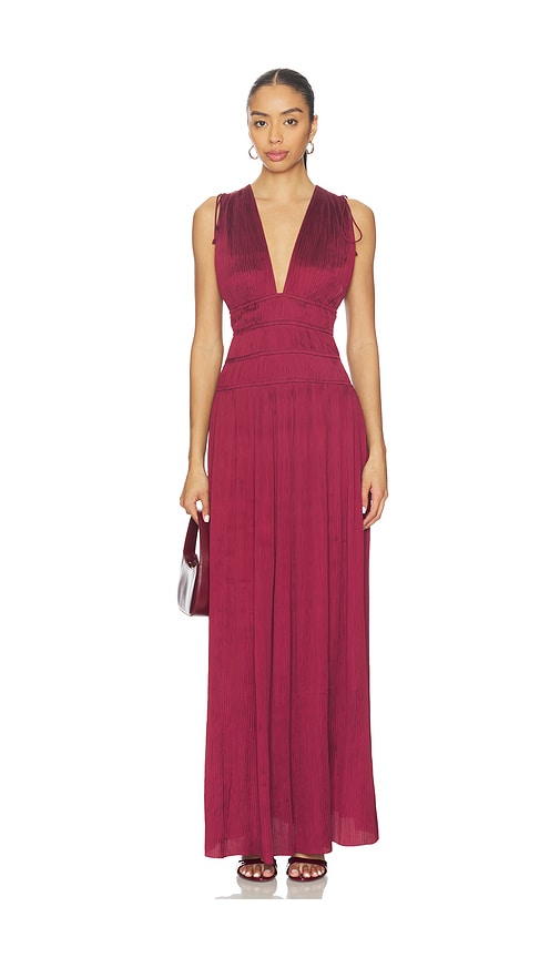 Ulla Johnson Tasneem Pleated Deep-v Satin Gown In Burgundy