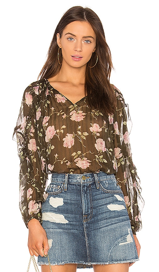 Ulla Johnson 2024 Olive Azalea Floral Silk Blouse Top