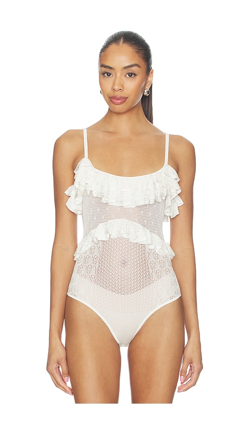 Ulla Johnson Bania Ruffle Trim Crochet Bodysuit In White