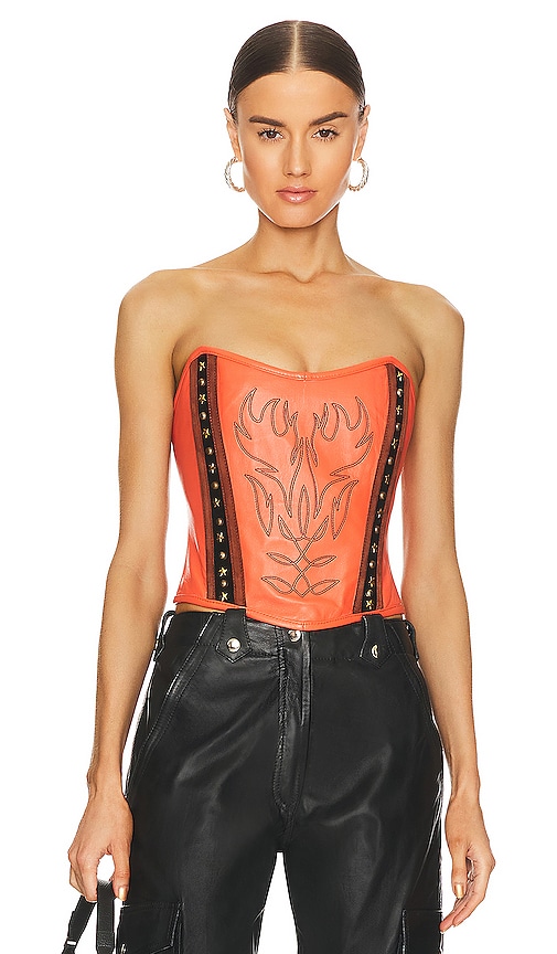 Understated Leather Finish Line Corset Top in Rusty Red