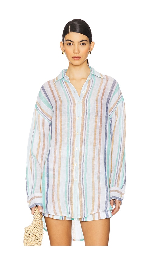 Shop Vitamin A Playa Linen Boyfriend Shirt In Tidal Stripe