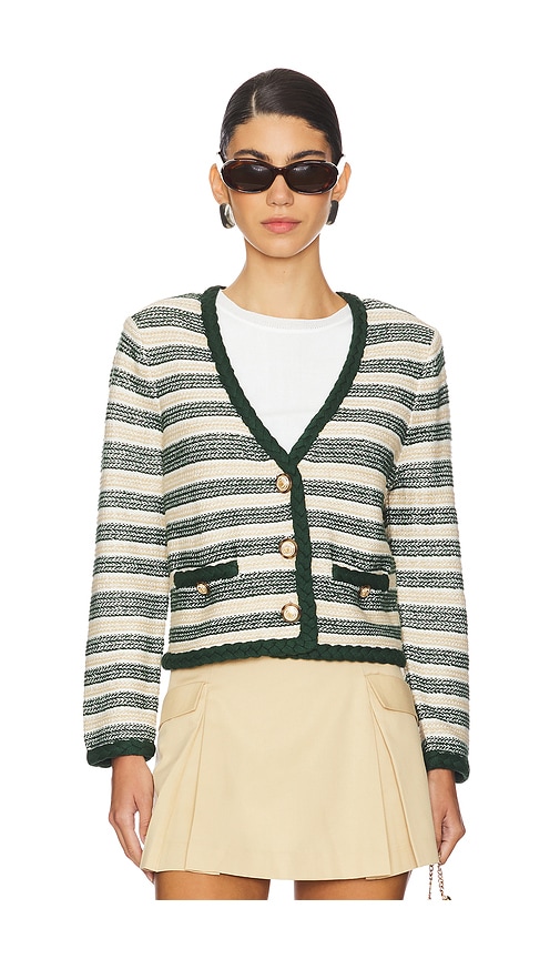 Shop Veronica Beard Claudine Knit Jacket In Ivory & Hunter Green