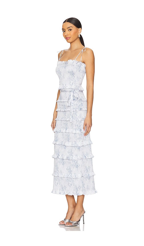V. Chapman Lily Smocked Floral Print Ruffle Trim Midi Dress In Blue Tapestry Rose