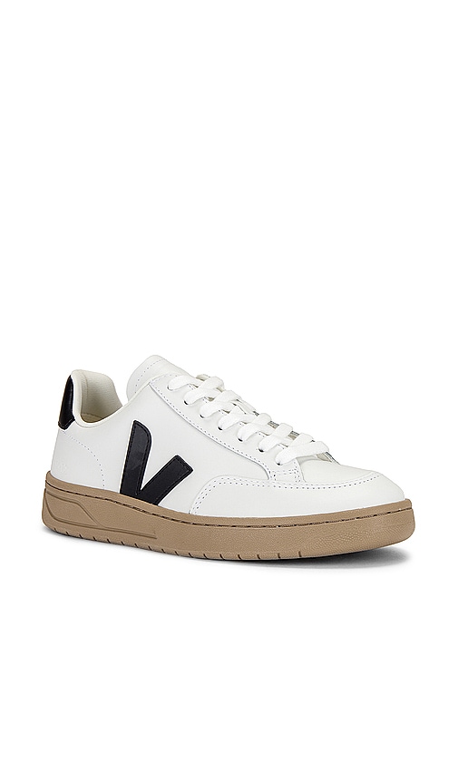 Veja V90 Chromefree Leather Sneakers In Extra White & Black Dune