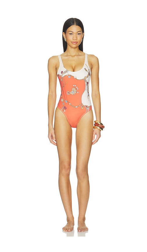 One Piece Swimsuit Stolen Jewels Printed On Responsible Matt Lycra by VERSACE in Orange White Gold