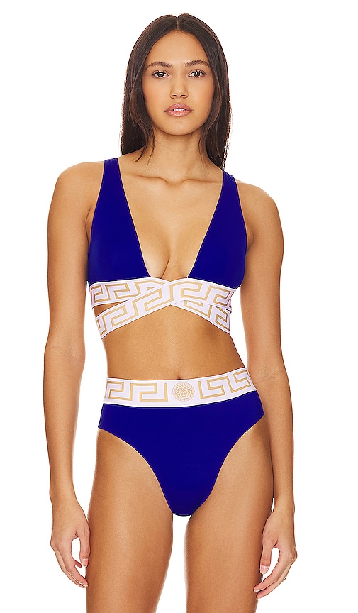 VERSACE Bikini Top in Royal Blue, White, & Gold
