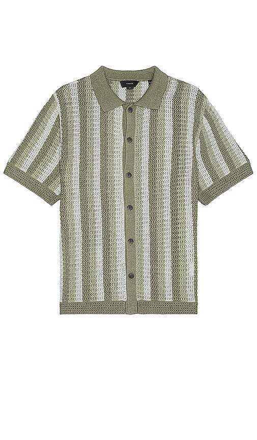 Shop Vince Crochet Stripe Short Sleeve Button Down Shirt In Dried Cactus