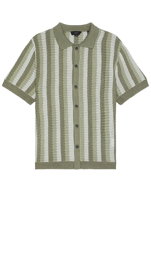 Shop Vince Crochet Stripe Short Sleeve Button Down Shirt In Dried Cactus