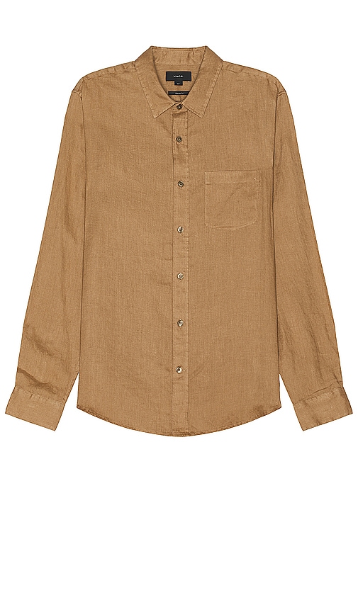 Shop Vince Linen Long Sleeve Shirt In Caramel Desert