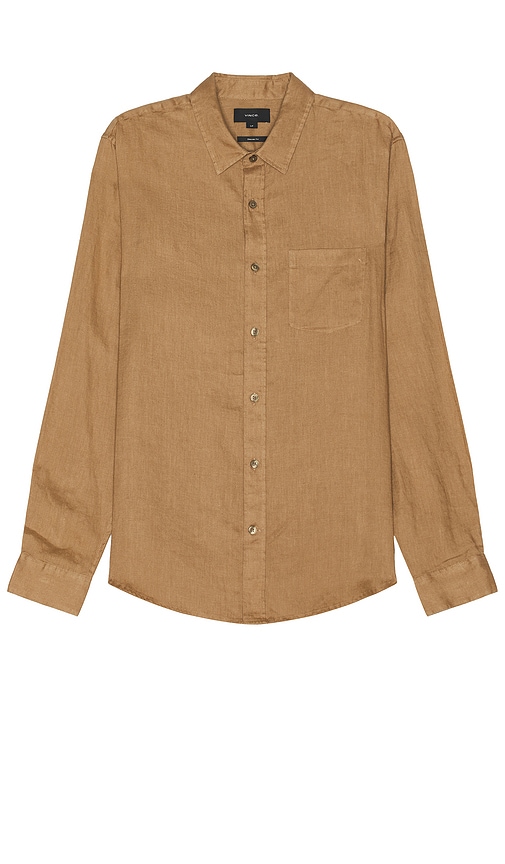 Shop Vince Linen Long Sleeve Shirt In Caramel Desert