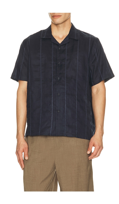 Vince Linen Eyelet Stripe Short Sleeve Cabana Shirt