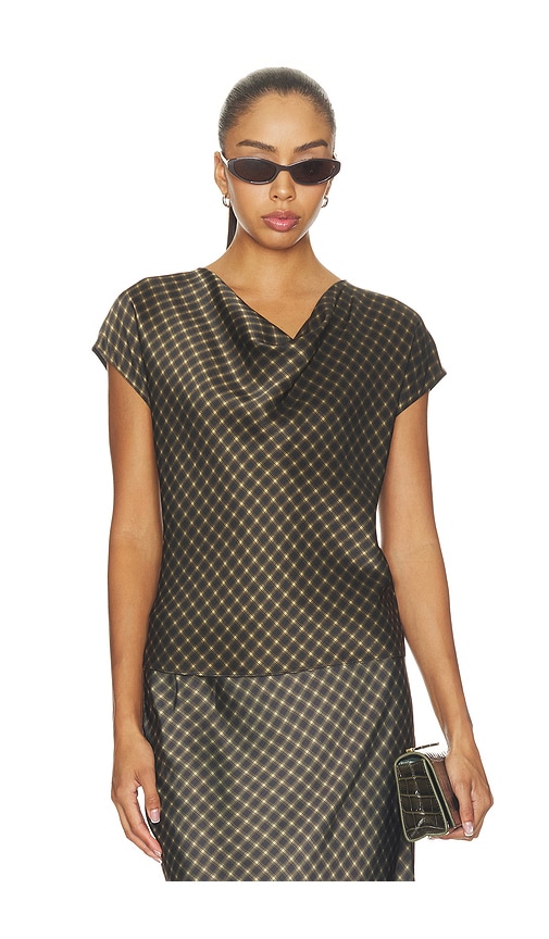 Vince Ombre Plaid On Cowl Neckcap Sleeveless Blouse In Black & Camel