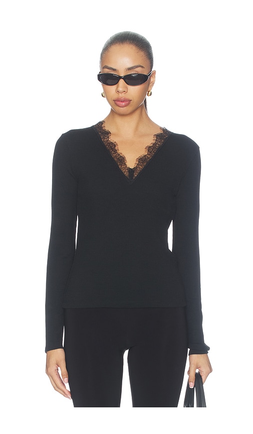 Vince Lace Trim Longsleeve V Neck Top In Black