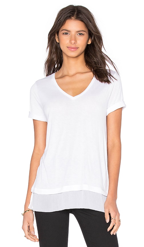 Vince Crinkle Chiffon Mixed Media V-Neck Tee in Off White