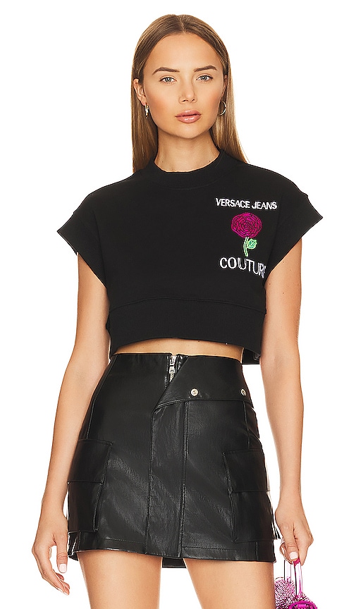 Versace Jeans Couture Short Sleeve Roses Sweatshirt In Black