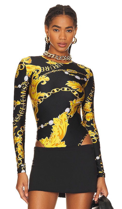 Versace Jeans Couture Long Sleeve Bodysuit in Black & Gold
