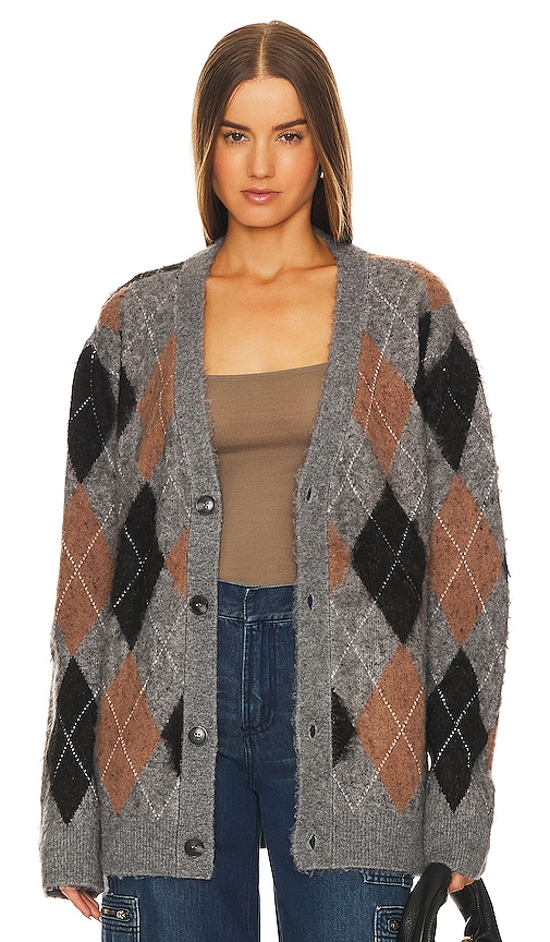 Product image of WAO Argyle Sweater Cardigan in grey & black. Click to view full details
