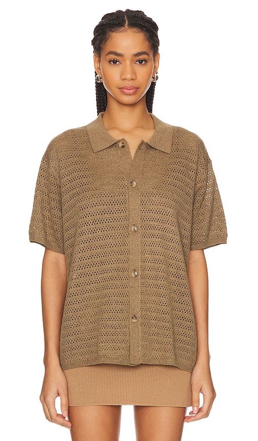 Shop Wao Open Knit Short Sleeve Shirt In 灰褐色