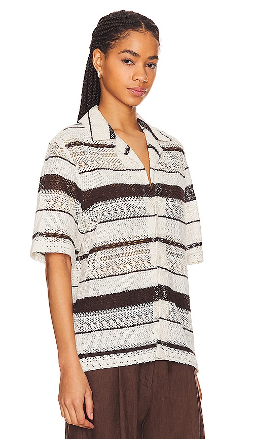 Shop Wao Crochet Stripe Camp Shirt In 自然皮色、棕色
