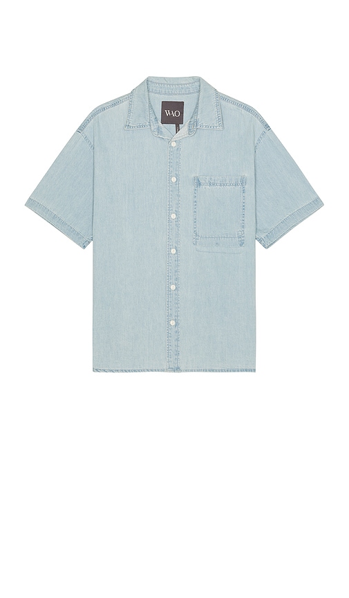 Shop Wao Short Sleeve Denim Shirt In 淡蓝色