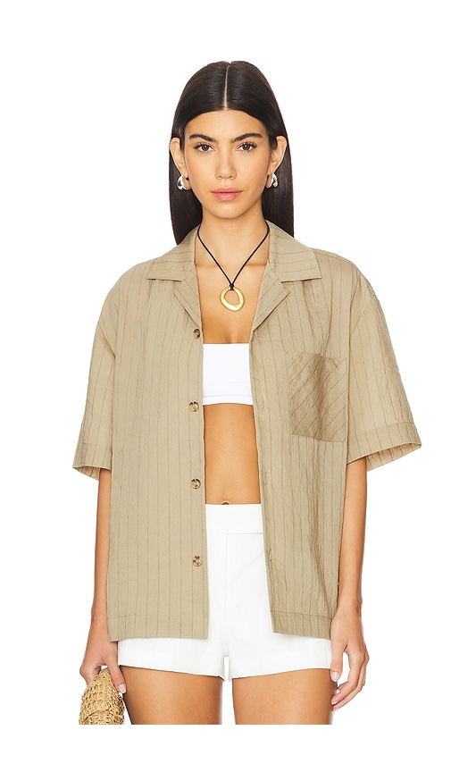 Shop Wao Vertical Stripe Short Sleeve Shirt In Taupe & Black