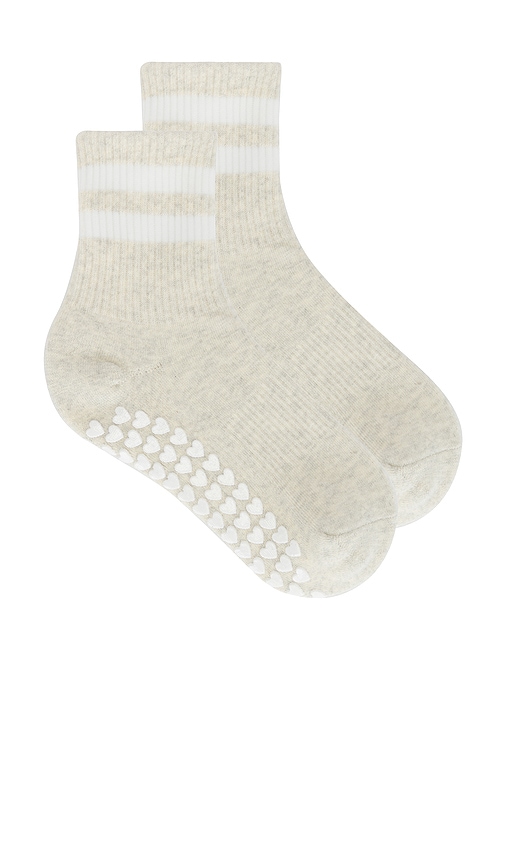 WellBeing + BeingWell Striped Half Crew Grip Sock in Oat Heather White