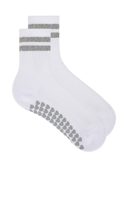 WellBeing + BeingWell Striped Half Crew Grip Sock in White & Grey Heather
