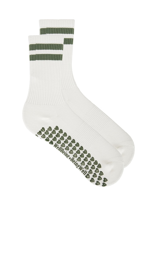 Striped Tube Grip Sock in White,Olive.