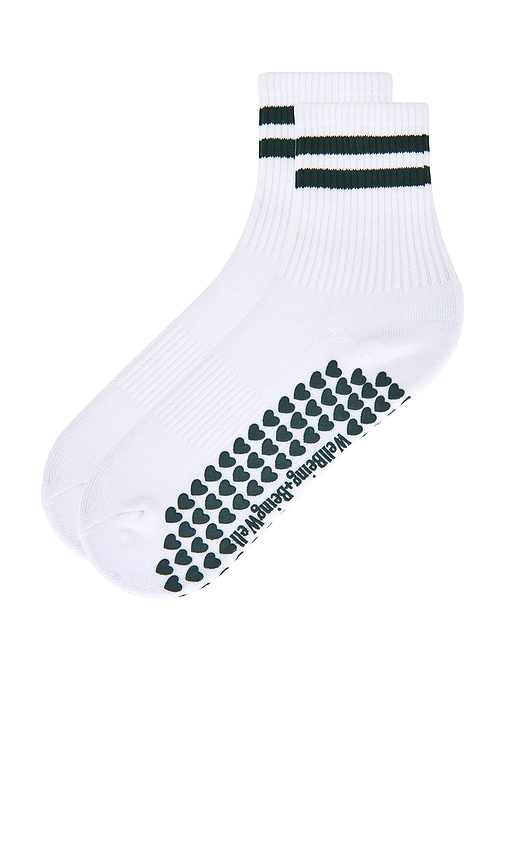 Wellbeing + Beingwell Striped Half Crew Grip Sock Çÿ­è¢œ Â€“ White & Forest Green. Å°ºç � All. In White