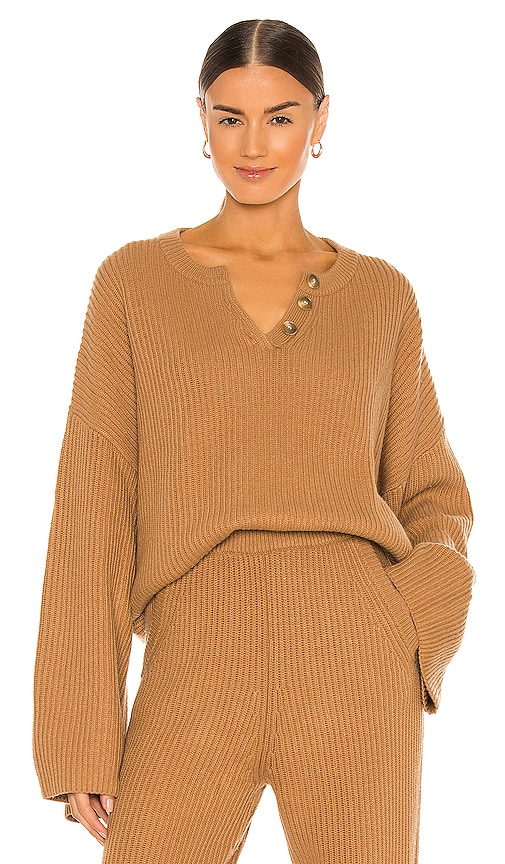 Weekend Stories Oversized Rib Henley in Camel