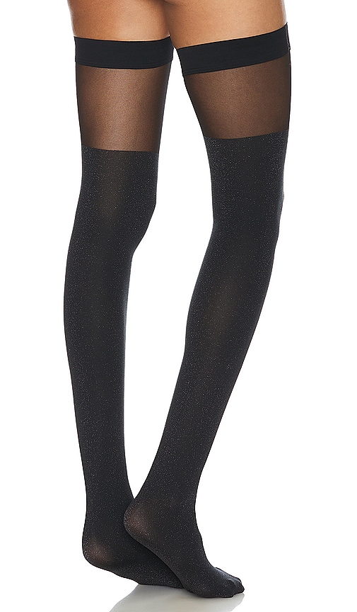 Shop Wolford Shiny Sheer Stay Up Tights In Black & Pewter