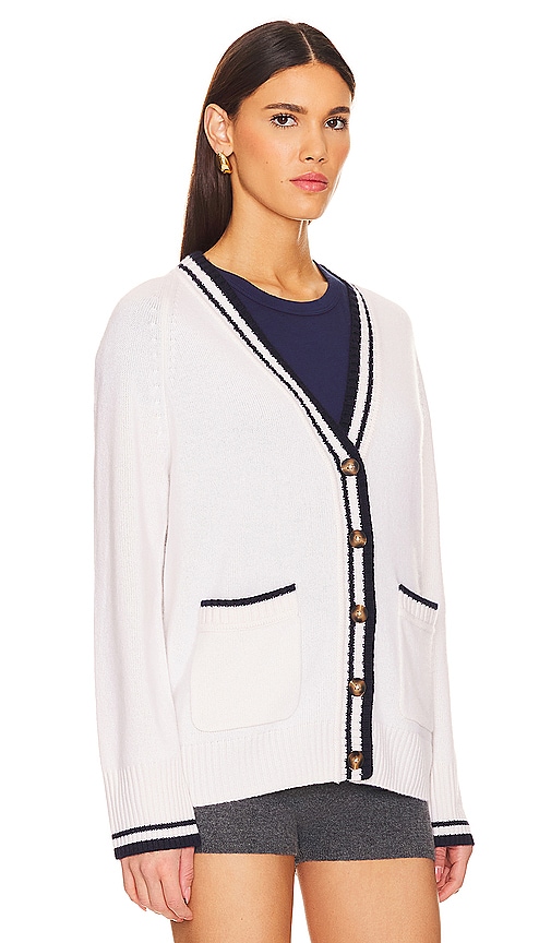 Shop White + Warren Cashmere Varsity Cardigan In Soft White & Navy