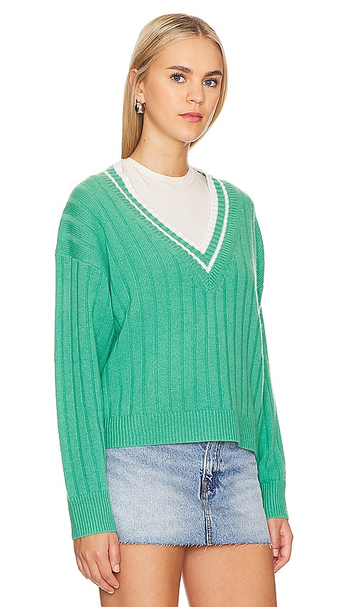 Shop White + Warren Cashmere Varsity V-neck Sweater In Retro Green & White