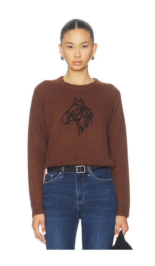 White & Warren Cashmere Blend Horse Embroidered Crew Sweater In Brown