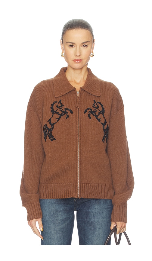 White & Warren Cashmere Blend Embroidered Horse Bomber in Brown. - size L (also in M, S, XS)