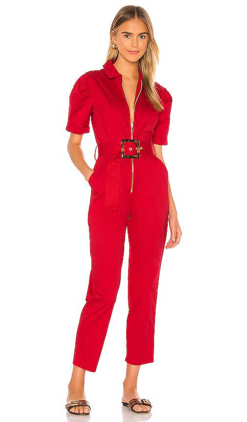 red belted jumpsuit