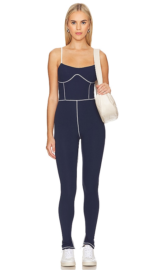 Weworewhat Silhouette Ankle Flare Jumpsuit In Solid Navy & Off White