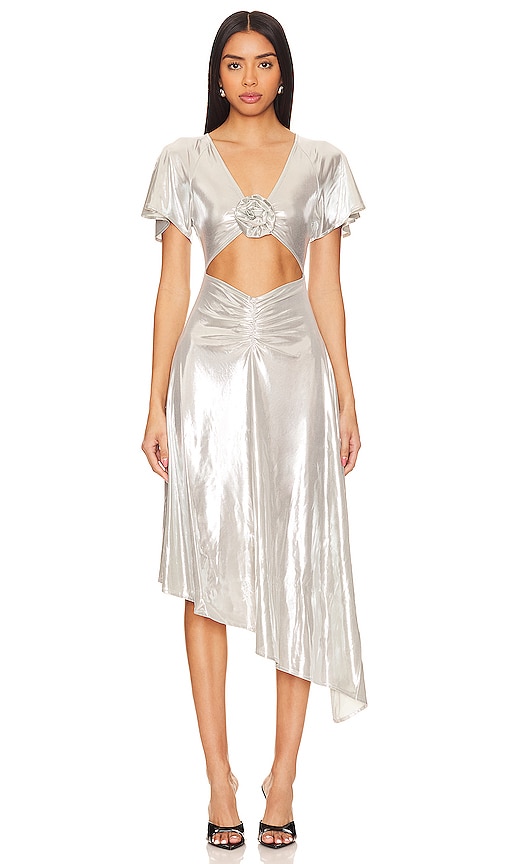 Weworewhat Asymmetrical Cutout Foil Dress In Silver