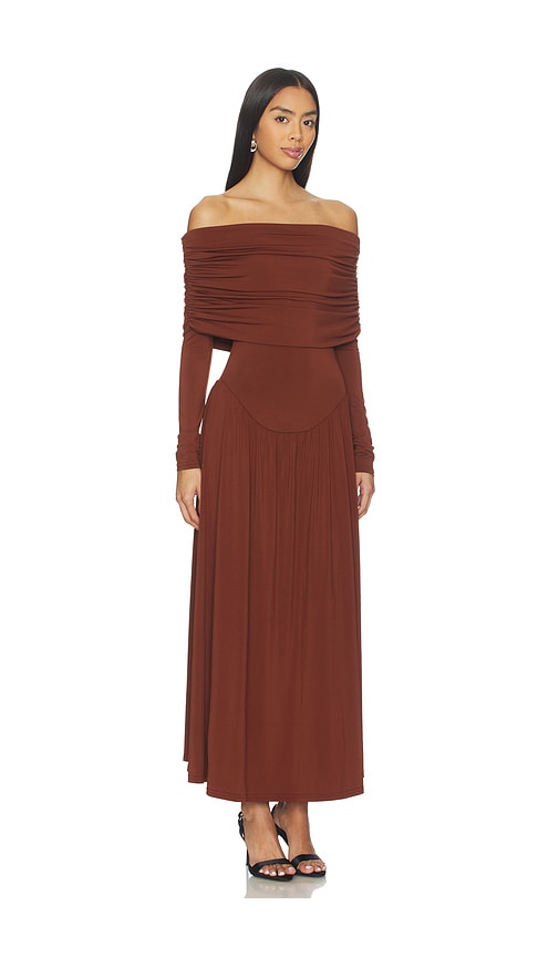 Weworewhat Off Shoulder Ruched Midi Dress In Brown