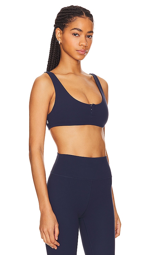 Shop Weworewhat Snap Front Sports Bra In Solid Navy