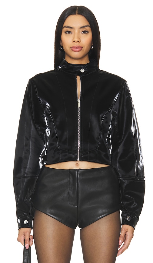 Shop Weworewhat Faux Patent Leather Cropped Moto Jacket In 黑色