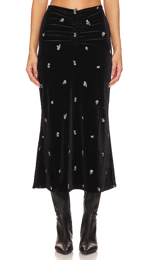 Weworewhat Embroidered Velvet Ruched Midi Skirt In Black