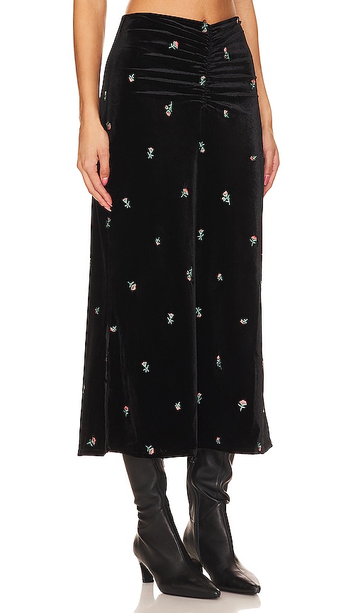 Shop Weworewhat Embroidered Velvet Ruched Midi Skirt In Black