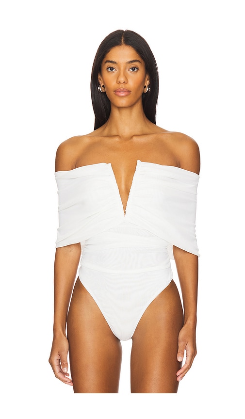 WEWOREWHAT RUCHED OFF SHOULDER BODYSUIT 