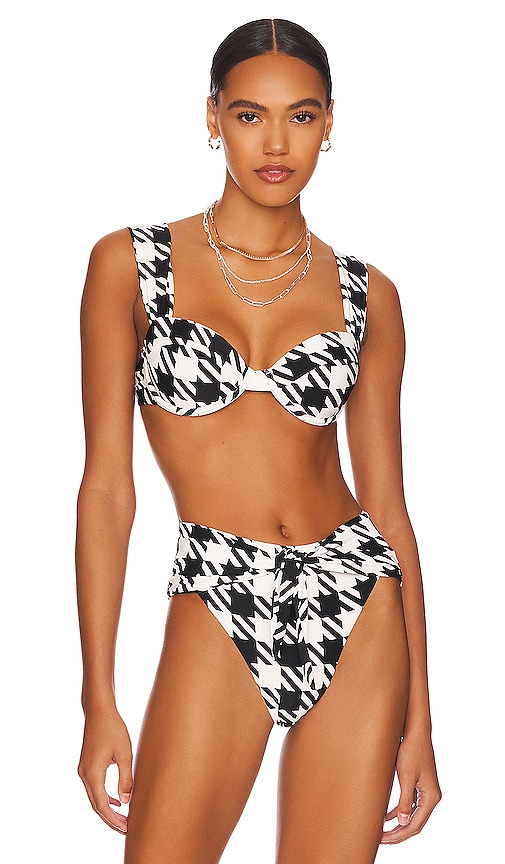 60s Style Houndstooth Black and White With Black Trim Classy High Waist  Bikini With Built in Bra Removable Straps 