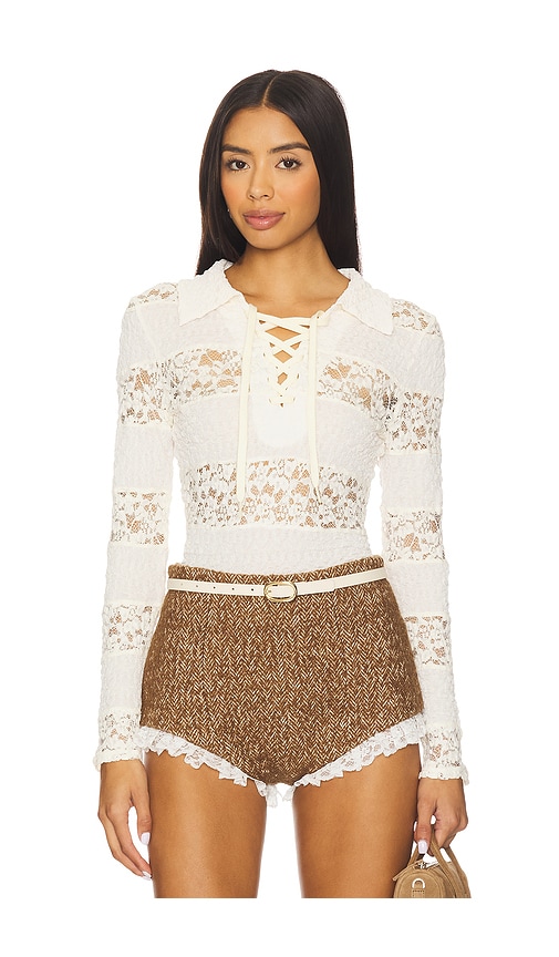 Yuhan Wang Collared Stripe Lace Polo Top In White