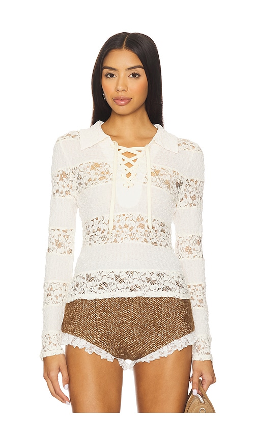 Yuhan Wang Collared Stripe Lace Polo Top In White