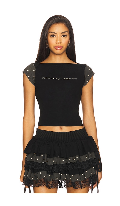 Boat Neck Polka Black Top in Black. - size XS (also in L, M, S)