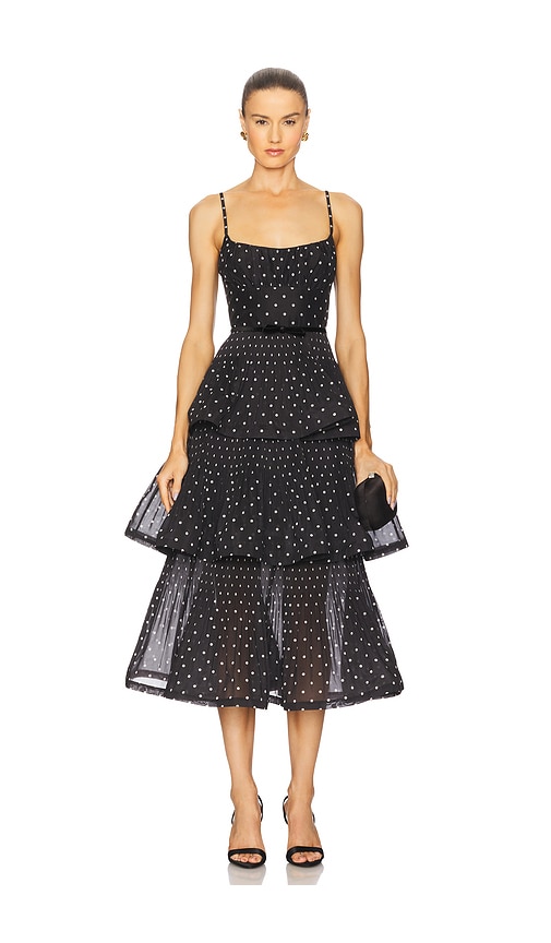 Zimmermann Pleated Tiered Midi Dress in Black & Cream Polka Dot